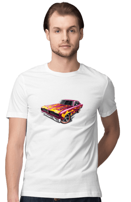 Футболка чоловіча з принтом "Кастом автомобіль". Авто, автомобіль, аерографія, вогонь, кастом, машина, полум я, тюнінг. 2070702