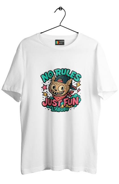 Футболка чоловіча з принтом "Лабубу". Norulesjustfun, y2k, бандана, вуличний стиль, грайливий, графіті, зухвалий, лабубу, ретромультяшка, яскраво. 2070702