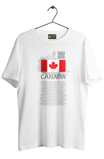 Футболка чоловіча з принтом "Канада. Коротка довідкова інформація". Qr код, веб-сайт уряду канади, держава, довідкове, інформація, канада, канадець, канадка, канадці, країна, лого, північна америка, подорожі, прапор, символіка, туризм. KRAINA. Футболки для мандрівників