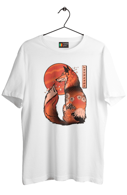 Men's t-shirt with prints Kitsune. Animal, cherry blossoms, flowers, fox, great wave, japan, japanese, kitsune, mount fuji, red fox. 2070702