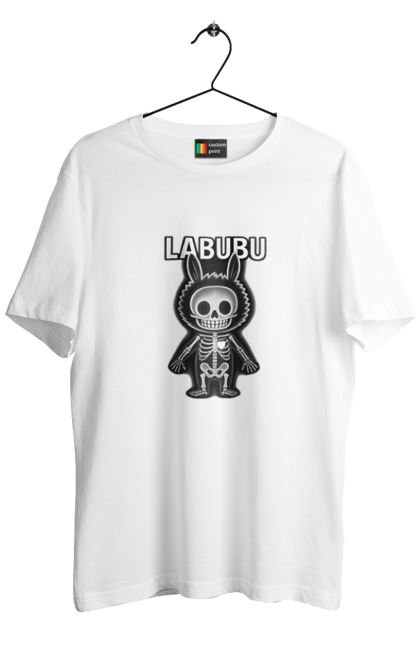Футболка чоловіча з принтом "Лабубу". Анатомія, кістки, лабубу, миложутко, мінімалізм, рентген, серце` що світиться, скелет, череп, чорнобіле. 2070702