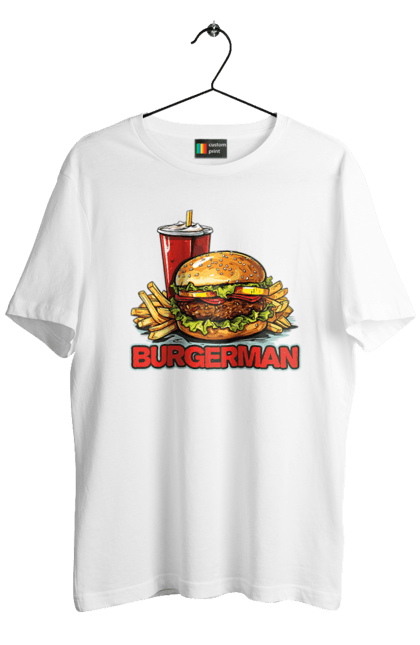 Футболка чоловіча з принтом "Burgerman". Бургер, для чоловіків, їжа, літні, макдональдс, прикольні, трендові, фаст фуд, чоловічі. 2070702