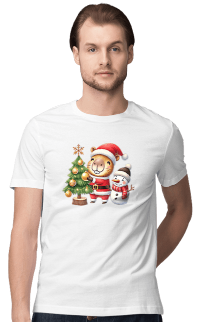 Men's t-shirt with prints Christmas Capybara with a Tree. Animal, capybara, christmas, christmas capybara, christmas tree, gift, holiday, new year, new year`s gift, santa. 2070702