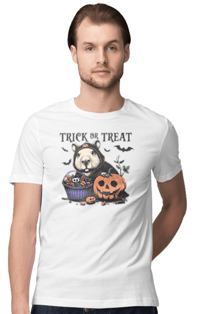 Men's t-shirt with prints Capybara Halloween. Animal, capybara, halloween, holiday, moon, pumpkin, rodent. 2070702