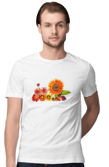 Men's t-shirt with prints Autumn flowers. Autumn, bouquet, bright, composition, flower, flowers, green, leaves, nature, orange, red, yellow. CustomPrint.market