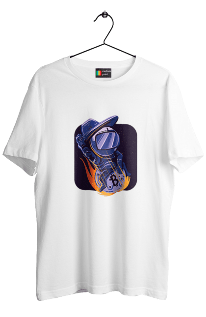 Футболка чоловіча з принтом "Космо біткоїн". Биткоин, бінарний, біткоїн, біткойн, валюта, гроші, крипто, програміст, хакер. 2070702