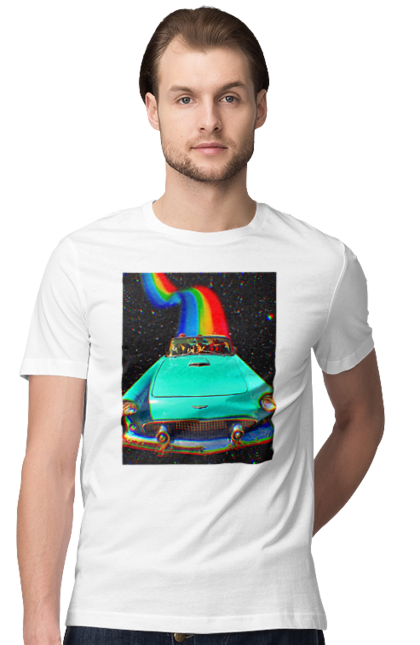 Men`s t-shirt with prints Picture, a car in space. Joke, machine, picture, rainbow, retro, space, travel, trip. 2070702