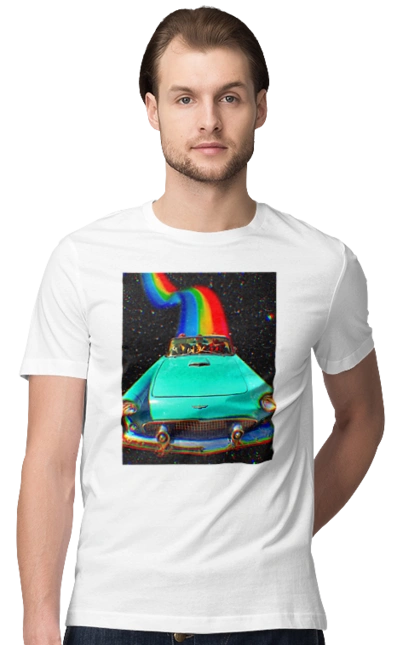 Men`s t-shirt with prints Picture, a car in space. Joke, machine, picture, rainbow, retro, space, travel, trip. 2070702