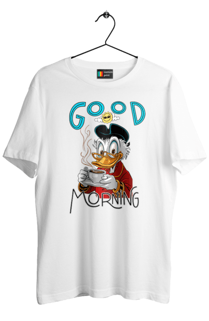 Men's t-shirt with prints Scrooge McDuck. Coffee, cup, disney, mcduck, scrooge, scrooge mcduck, uncle scrooge. 2070702