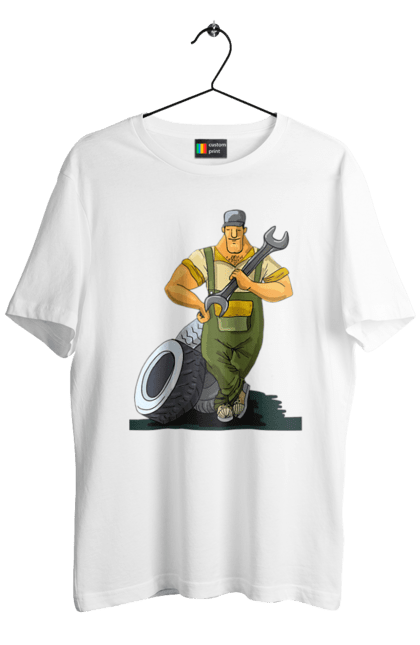 Футболка чоловіча з принтом "Автомайстер". Гайковий ключ, колеса, професія. 2070702