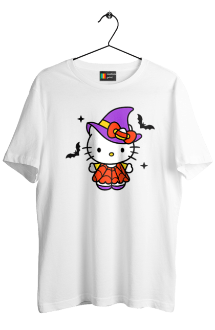 Футболка мужская с принтом Хелло Китти Хэллоуин. Halloween, hello kitty, witch, бренд, ведьма, кот, котенок, персонаж, хелло китти, хэллоуин. 2070702