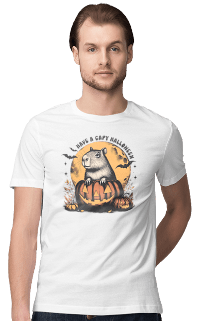 Men's t-shirt with prints Capybara Halloween. Animal, capybara, halloween, holiday, moon, pumpkin, rodent. 2070702