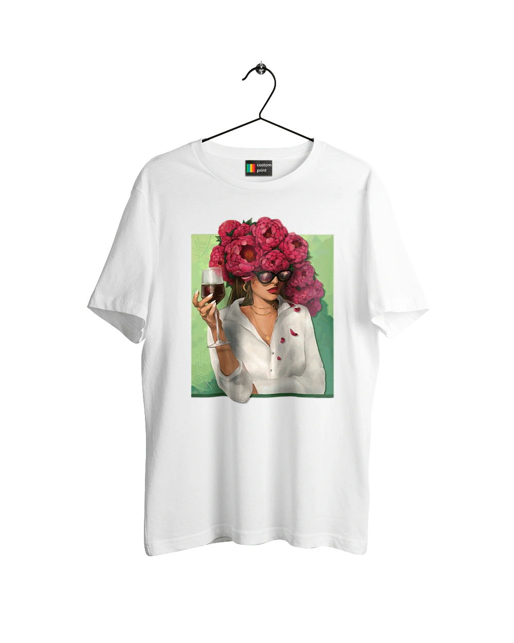 Girl with peonies and a glass