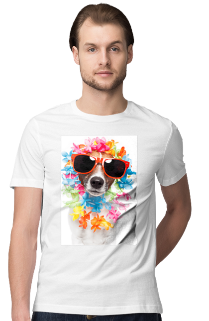 Футболка чоловіча з принтом "Пес в окулярах і кольорах". В окулярах, квіти, пес, собака. CustomPrint.market