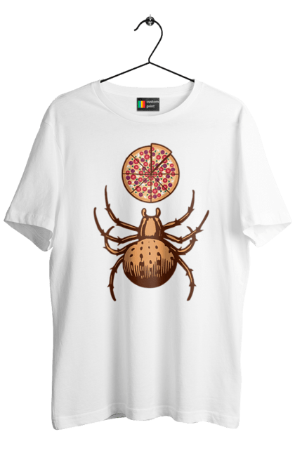 Футболка чоловіча з принтом "Павук Pizza'ед". Pizza`ед, великий, величезний, гаряча, гумор, жарт, їжа, їсть, коричневий, павук, піца, піцу, пожирає, прикол, свіжа, скибочки, скибочку, тарантул, фаст фуд, часточки. ART принт на футболках