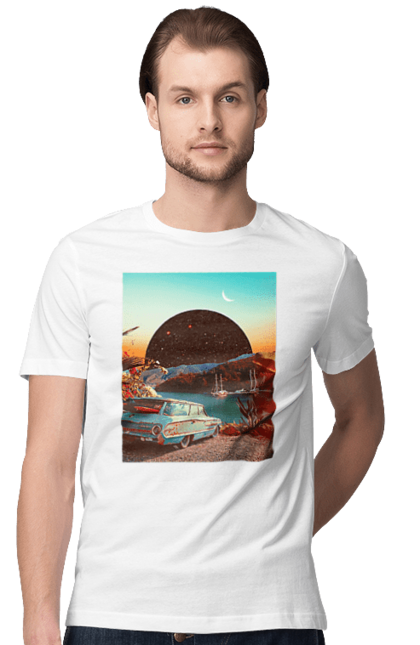 Men`s t-shirt with prints Painting, car by the river. Joke, machine, picture, planet, retro, river. 2070702
