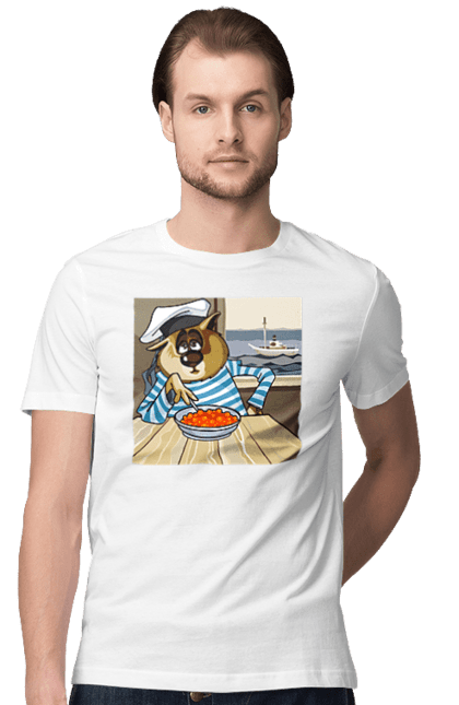 Футболка чоловіча з принтом "Кот Моряк, На Кораблі Їсть Червону Ікру". Ікра, кіт, корабель, моряк. 2070702