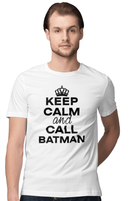 Футболка чоловіча з принтом "Keep Calm and Call Batman чорна". Бетмен, з написами, зберігай спокій, меми, популярні, прикольні. 2070702