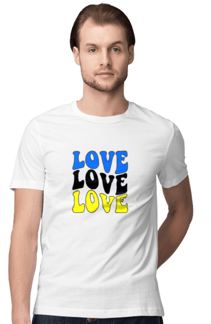 Men's t-shirt with prints Love. Cool pictures, flag, inscriptions, love, patriotic merch, ukraine, yellow blue, youth merch. CustomPrint.market