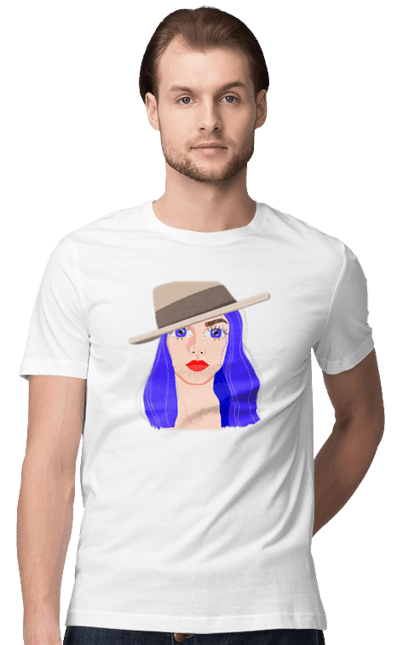 Футболка чоловіча з принтом "Дівчина в капелюсі". Волосся, дівчина, капелюх, мода, сине. CustomPrint.market