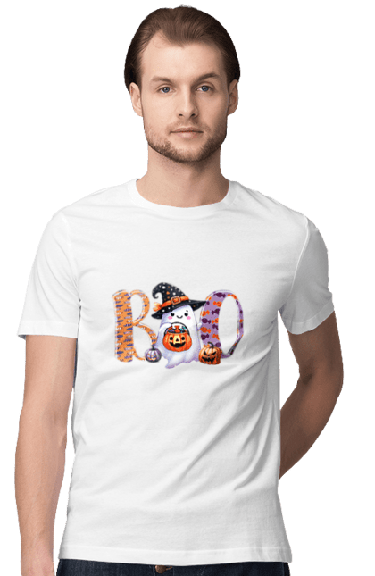 Men's t-shirt with prints Halloween Ghost. Costume, ghost, halloween, holiday, october, october 31, scary, sweets, trick or treat. 2070702