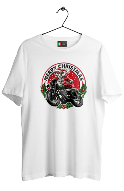 Футболка чоловіча з принтом "Щасливого Різдва, дід мороз на мотоциклі". 2022, дід мороз, зима, мотоцикл, новий рік, подарунки, різдво, санта, сніг. 2070702