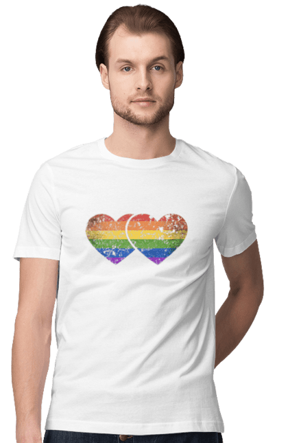 Футболка чоловіча з принтом "Два серця ЛГБТ". Веселка, гей, лгбт, лесбі, любов, прапор, серце, серця, сім`я. ART принт на футболках