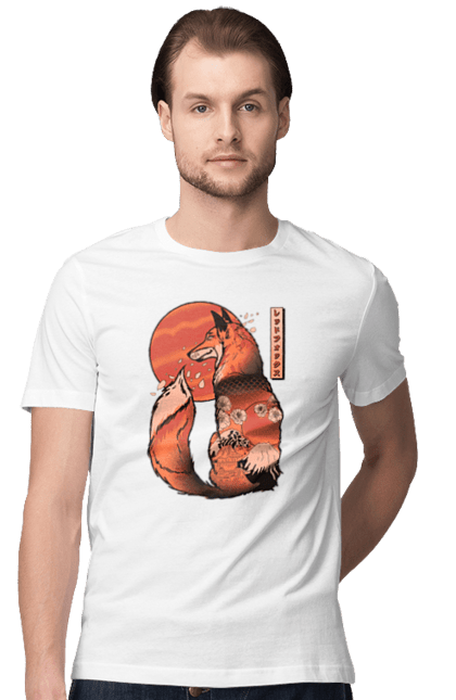 Men's t-shirt with prints Kitsune. Animal, cherry blossoms, flowers, fox, great wave, japan, japanese, kitsune, mount fuji, red fox. 2070702