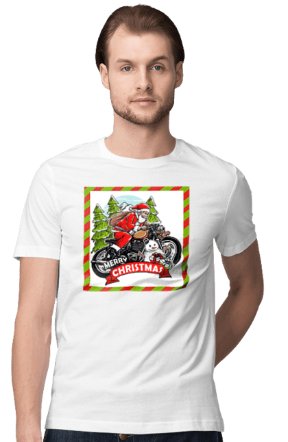 Футболка чоловіча з принтом "Санта на мотоциклі". Мотоцикл, новий рік, подарунки, різдво, санта, сніговик, ялинка. 2070702