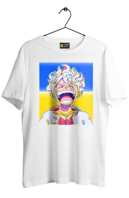 Футболка чоловіча з принтом "Монкі д Луффі сміється на жовто блактному фоні". Ван піс, луффі, монкі д. луффі, прапор україни, символ україни, україна. 2070702