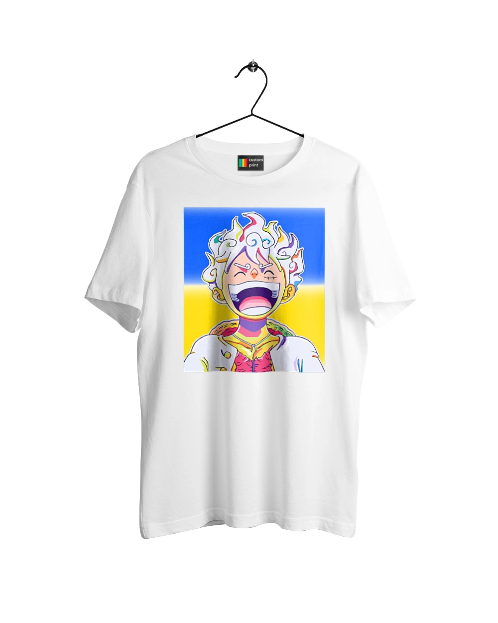 Monkey D Luffy laughing on a yellow blue background