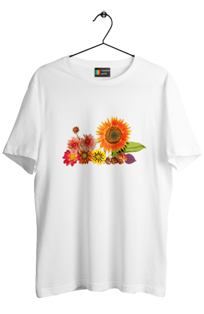 Men's t-shirt with prints Autumn flowers. Autumn, bouquet, bright, composition, flower, flowers, green, leaves, nature, orange, red, yellow. CustomPrint.market