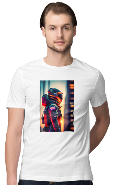 Футболка чоловіча з принтом "Астронавт". Астронавт, зображення пілота, космонавт, майбутнє, прапор сша, футуристичне фото. futbolka.stylus.ua