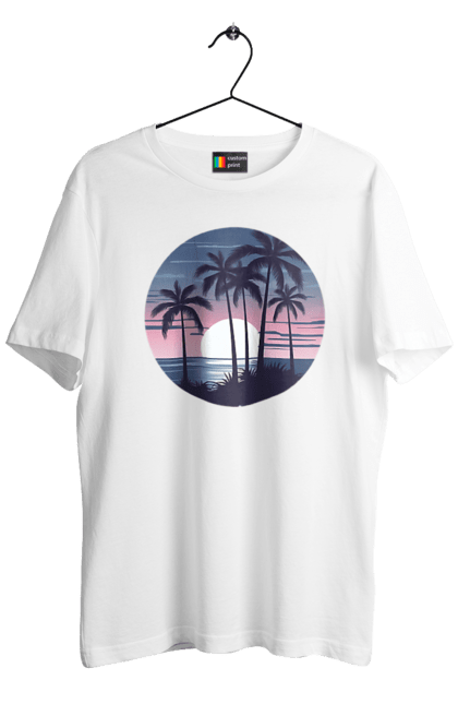 Футболка чоловіча з принтом "Пальмовий пляж  На заході сонця". Море, пальма, пальми, пальмовий пляж, пляж. CustomPrint.market