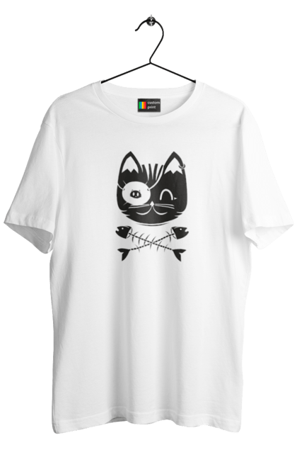 Футболка чоловіча з принтом "Кіт пірат". Кістки, кіт, крутий малюнок, милі рисунки, пірати, риба, тварини, череп. 2070702