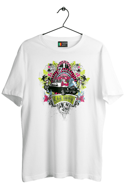 Футболка чоловіча з принтом "Автомобільне Шоу, Літо". Автомобіль, гроші, карти, пальма, шоу. 2070702