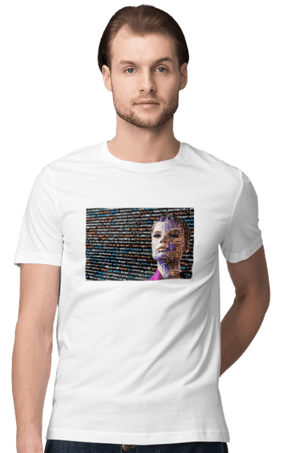 Футболка чоловіча з принтом "Штучний Розум". Айті, айтішник, гик, жінка, знання, інженер, інтелект, кібер, кібернетика, кіборг, код, комп, комп`ютерник, кристал, машинне навчання, мікросхема, мозок, портрет, програміст, професіонал, професія, розробник, розум, світиться, світло, хакер, чіп, штучний інтелект, штучний розум. 2070702