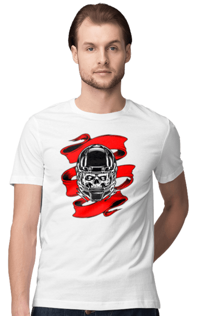 Men`s t-shirt with prints Skull in a motorcycle helmet. Helmet, moto, skull, tape. 2070702