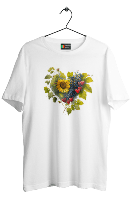 Футболка чоловіча з принтом "Соняшник серце". Виноград, квіти, люблю україну, серце, соняшник, україна. ART принт на футболках
