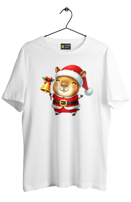 Men's t-shirt with prints Funny capybara with a bell. Animal, bell, capybara, christmas, christmas capybara, gift, holiday, new year, new year`s gift, santa. 2070702