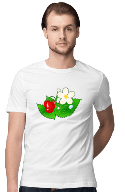 Men's t-shirt with prints Strawberry. Berry, delicacy, flowers, food, harvest, leaves, mature, red, ripe, strawberry, summer, tasty. CustomPrint.market
