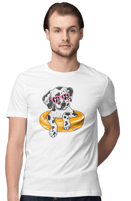 Men`s t-shirt with prints Dalmatian Swims In A Circle. Dalmatian, dog, glasses, to swim. 2070702
