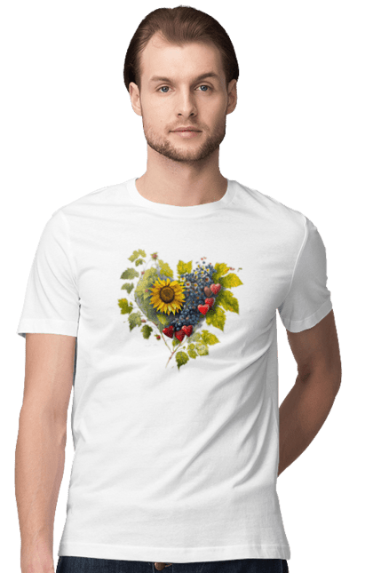 Футболка чоловіча з принтом "Соняшник серце". Виноград, квіти, люблю україну, серце, соняшник, україна. УкрФутболка