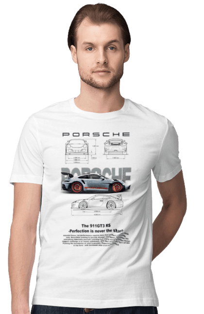 Футболка мужская с принтом Porsche 911 GT3 RS. Porsche, porsche 911, авто, автомобиль, машина, порше, спорт, спортивный автомобиль. 2070702