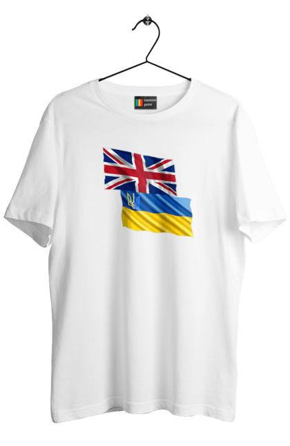 Футболка чоловіча з принтом "Прапор Великої Британії, прапор України, Підтримка України". Британія, велика британія, війна, киев, мир, національні кольори, прапор, прапор британії, прапор великої британії. 2070702