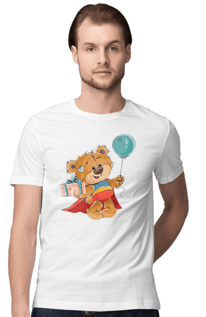Men's t-shirt with prints Teddy bear with a ball. Balloon, bear cub, cloak, gift, superman. CustomPrint.market