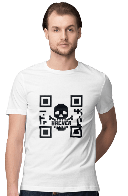 Футболка чоловіча з принтом "Хакер hacker". Geek, hacker, ios, qr code, qr код, ай ті, айтішник, геймер, гік, іт, мем, позитив, пранк, програміст, розробник, хакер. 2070702