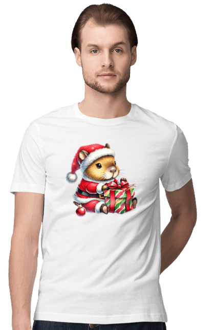 Men's t-shirt with prints Christmas Capybara with a Gift. Animal, capybara, christmas, christmas capybara, gift, holiday, new year, new year`s gift, santa. 2070702