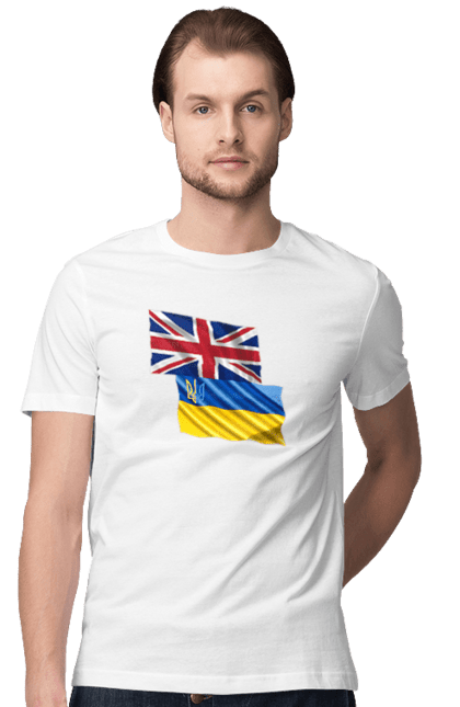 Футболка чоловіча з принтом "Прапор Великої Британії, прапор України, Підтримка України". Британія, велика британія, війна, киев, мир, національні кольори, прапор, прапор британії, прапор великої британії. 2070702