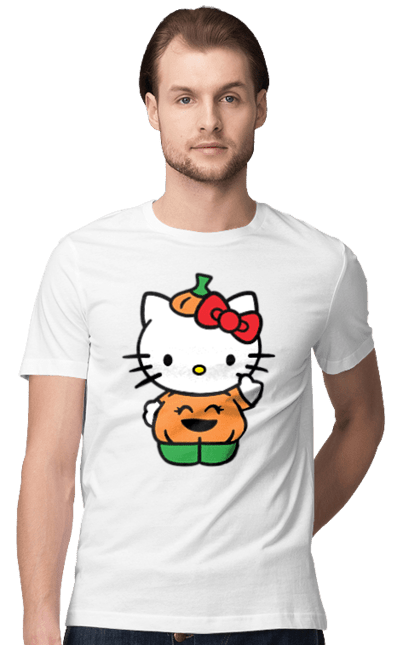 Футболка мужская с принтом Хелло Китти Хэллоуин. Halloween, hello kitty, бренд, котенок, персонаж, тыква, хелло китти, хэллоуин. 2070702